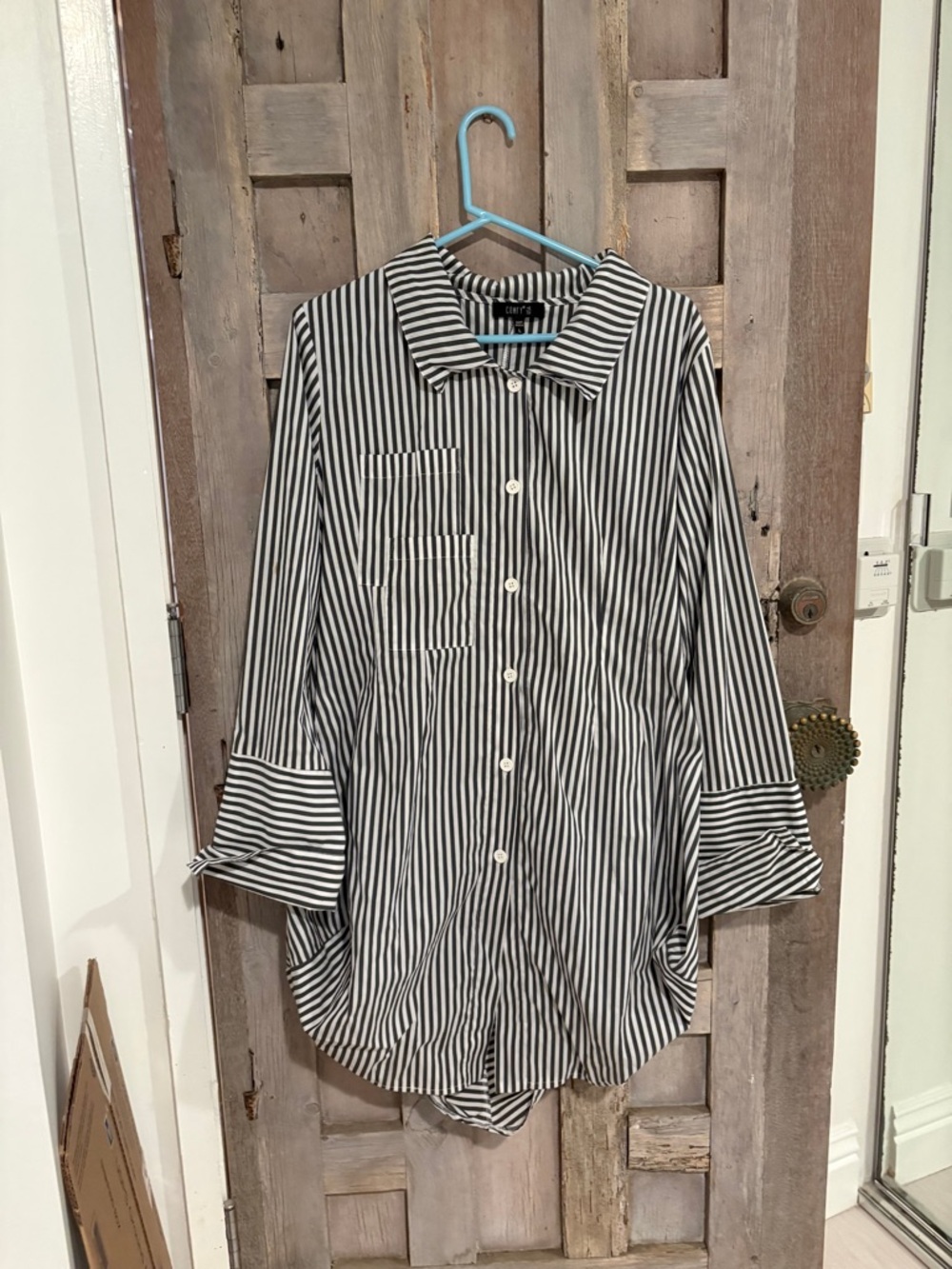 Striped Button-Down tunic Shirt - gray & White size L comfy USA